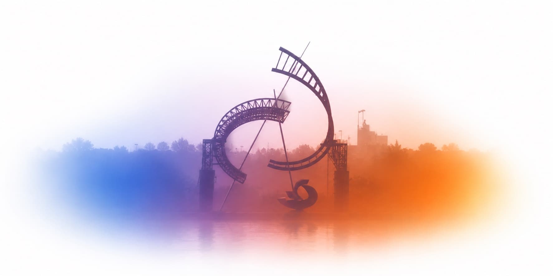 The Ghost Ballet sculpture on Nashville's riverfront in a wash of colour