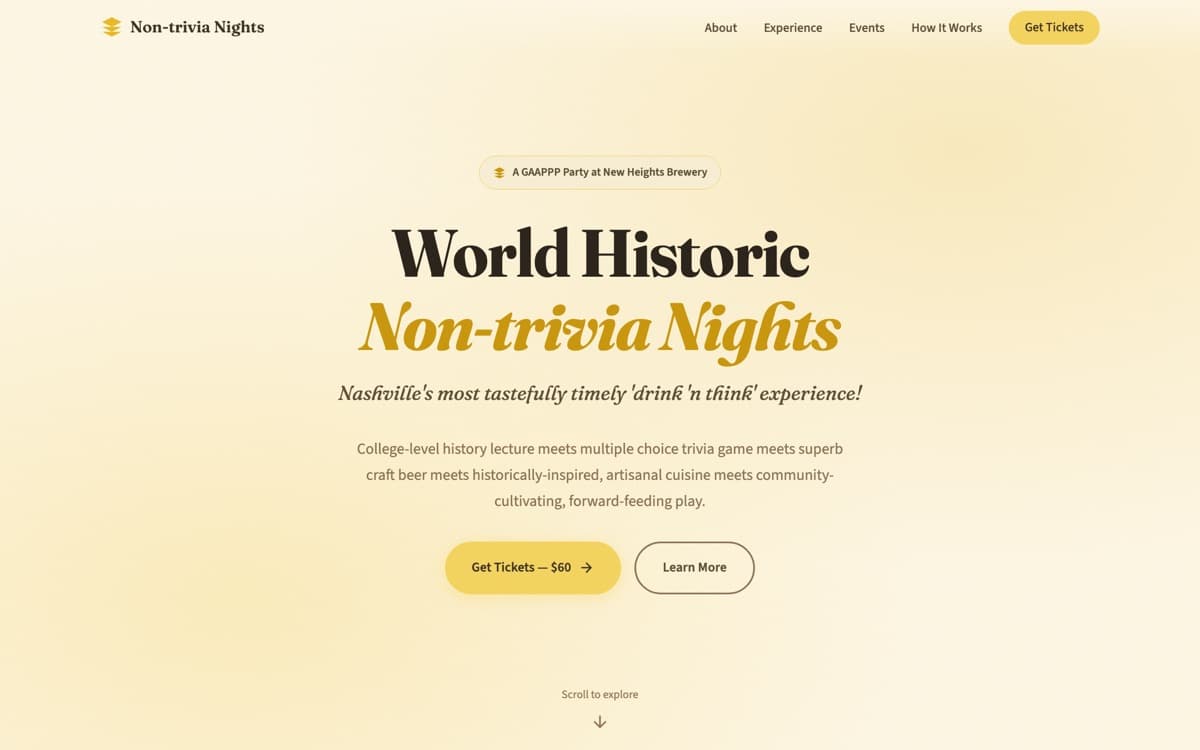 The Non-trivia Nights home page, as it ships