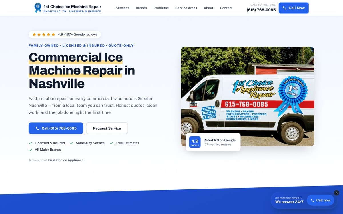 The 1st Choice Ice Machine home page, as it ships