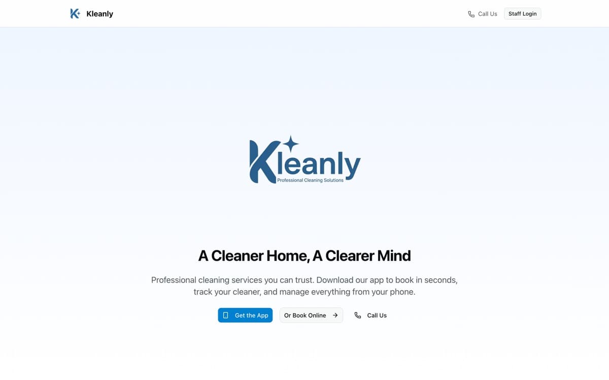 The Kleanly home page, as it ships