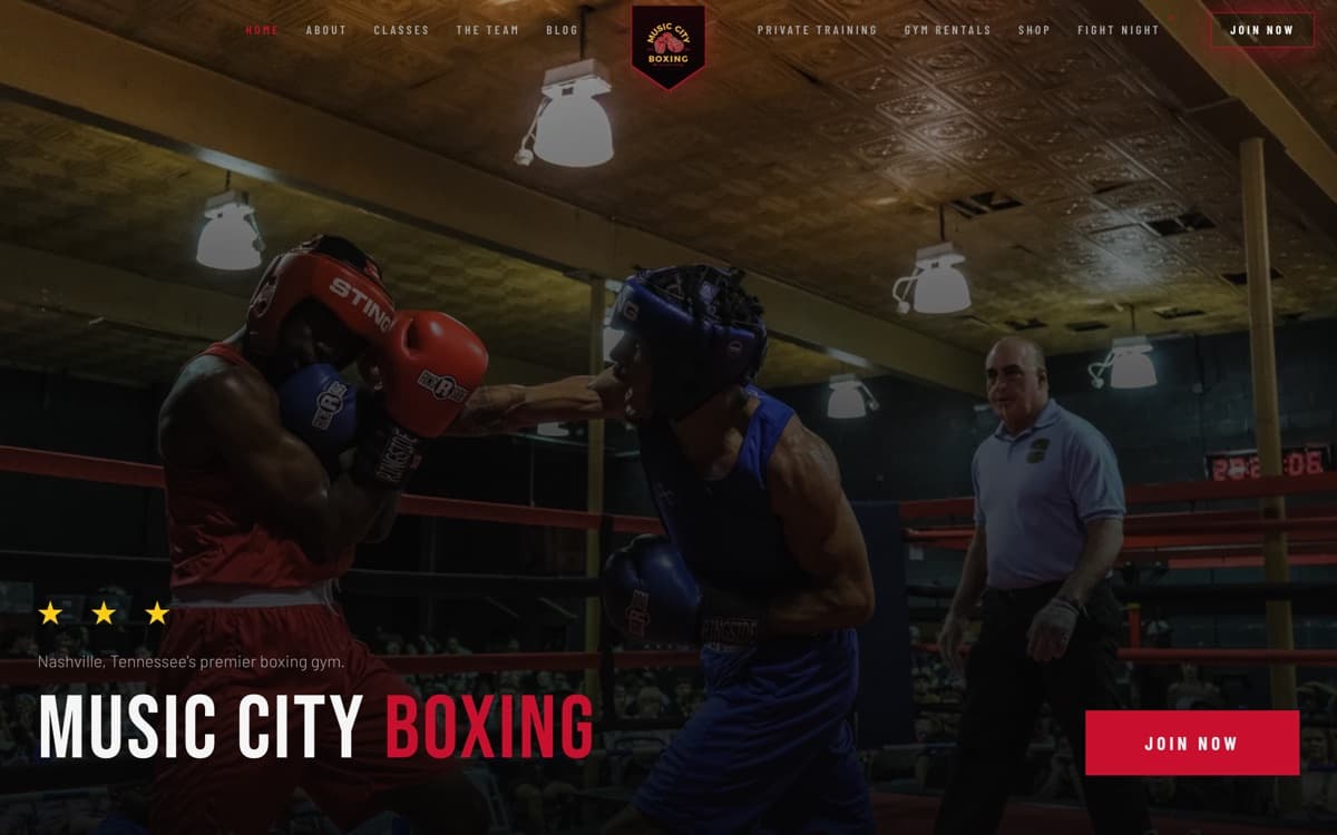 The Music City Boxing home page, as it ships